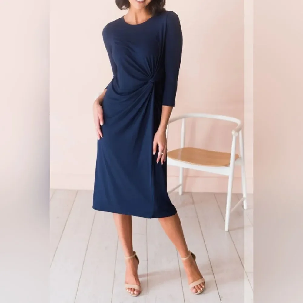 Sweet Pea Navy Jersey Knit Dress Ruched Waist Midi Length